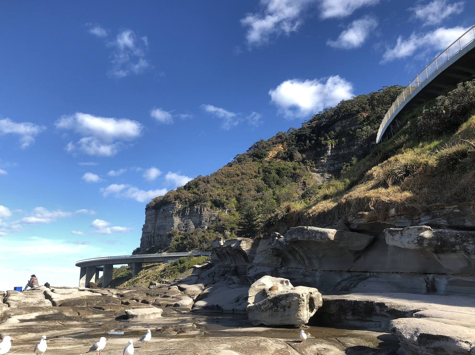 The curving Sea Cliff Bridge on the Grand Pacific Drive above a rocky shore