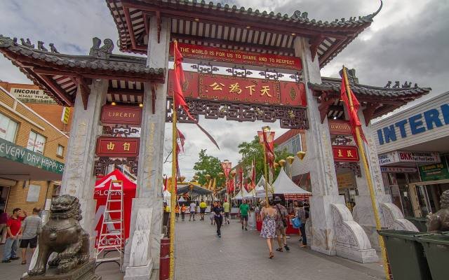 The red and gold Pai Lau gate at the entrance to Freedom Plaza in Cabramatta