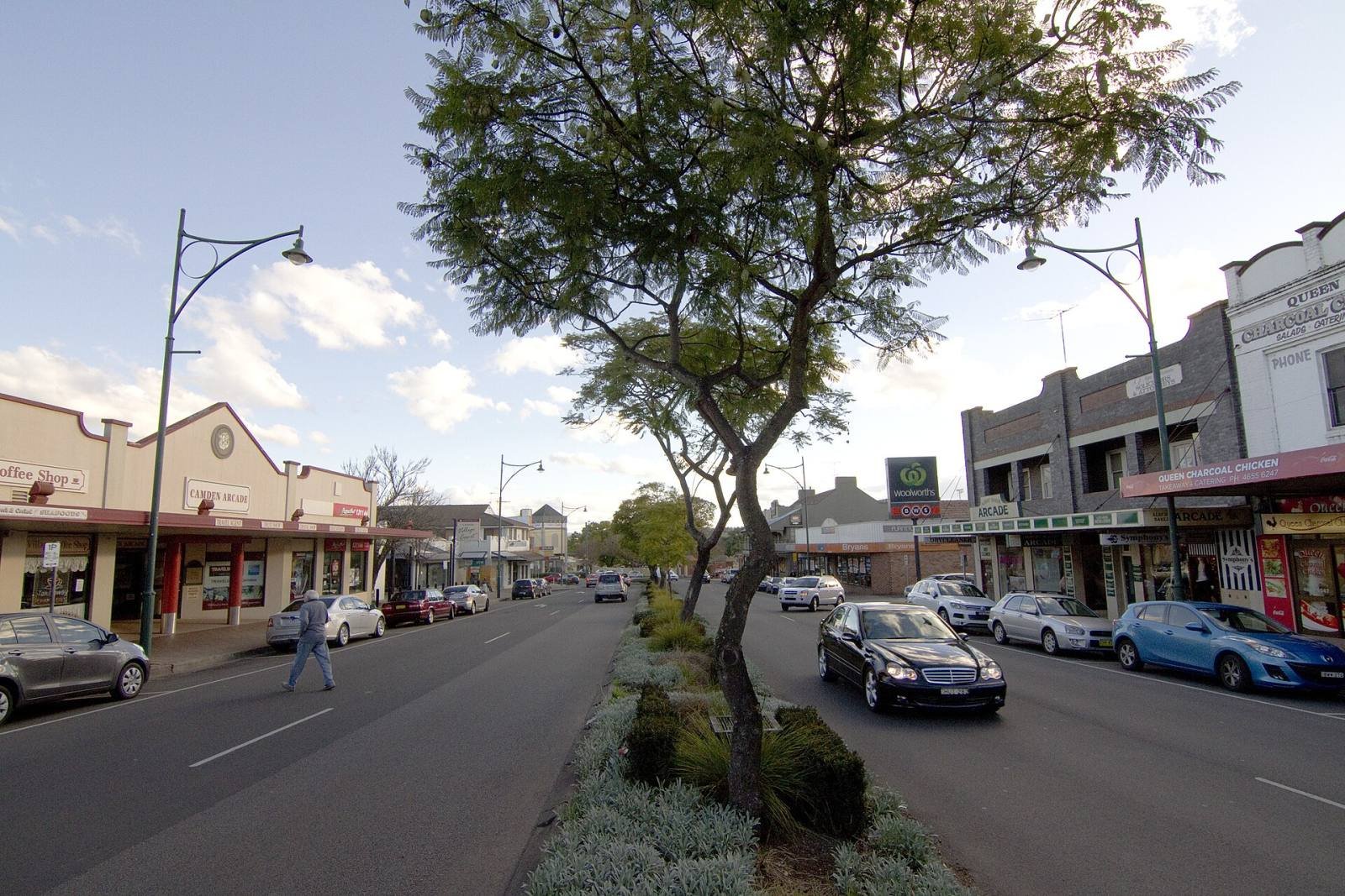 Argyle Street in Camden with shopfronts, street trees and parked cars