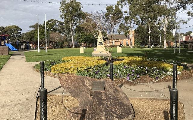 Gardens and the war memorial in Mawson Park, Campbelltown