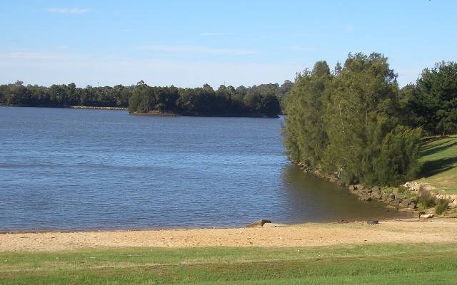 A calm lake with a sandy shore and trees at Chipping Norton Lakes