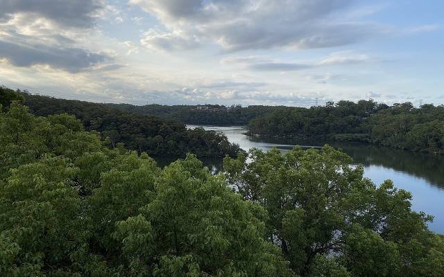 The Georges River winding between bushland seen from a lookout at Lugarno